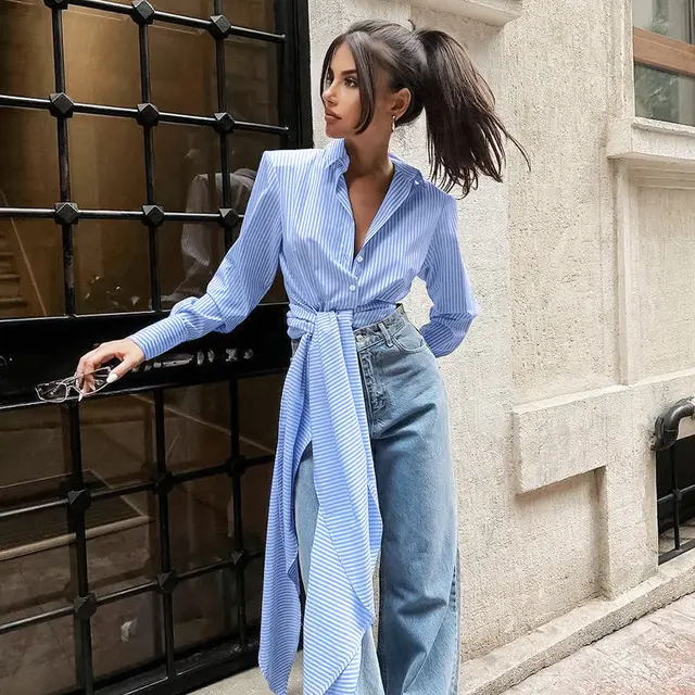 Design Sense French Style Tied Striped Shirt Blue - Shop at LoveMi
