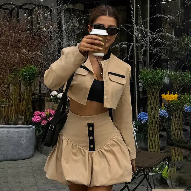 Autumn Commuter Professional Bud Skirt Suit Fashion Colorblock Coat Short Skirt Two piece Set Khaki - Shop at LoveMi