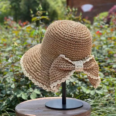 Elegant Bow Hat Hand Crocheting Woven Sun Hat Khaki - Shop at LoveMi