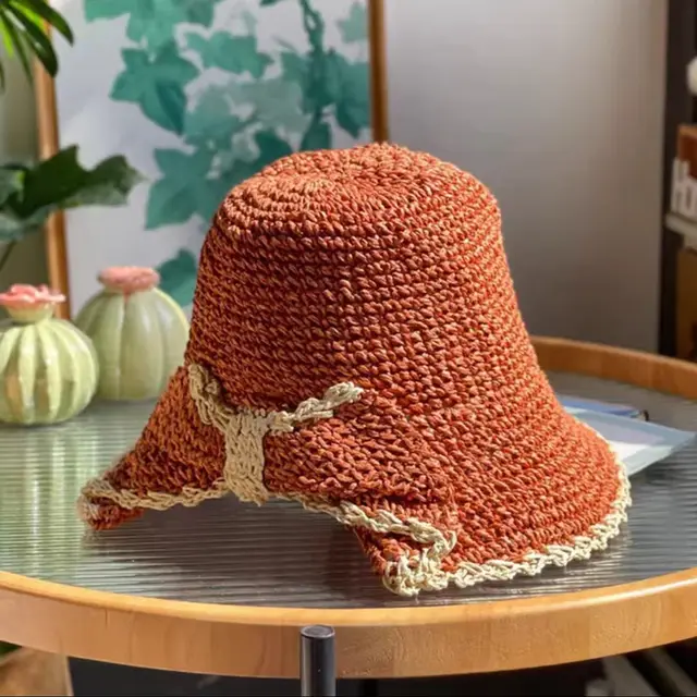 Elegant Bow Hat Hand Crocheting Woven Sun Hat Warm Orange - Shop at LoveMi