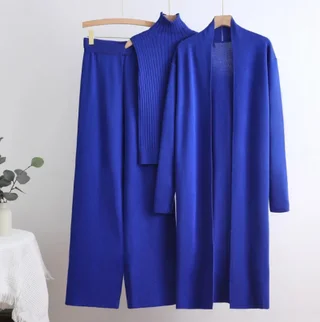 Elastic Waist Wide Leg Pants Knit Three Piece Set - Blue