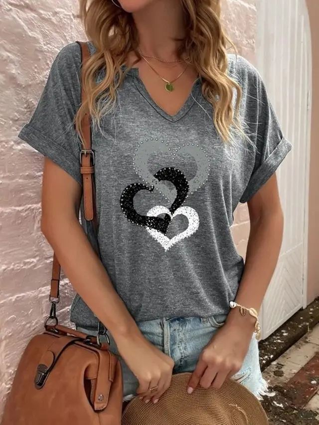 Women's Loose Short sleeved T shirt With Heart Printing Missing Neckline Gray - Shop at LoveMi