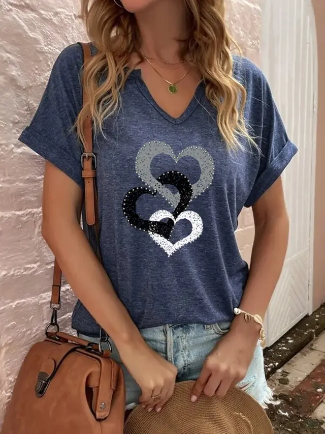 Women's Loose Short sleeved T shirt With Heart Printing Missing Neckline Navy Blue - Shop at LoveMi