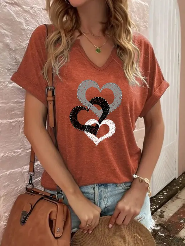 Women's Loose Short sleeved T shirt With Heart Printing Missing Neckline Orange - Shop at LoveMi