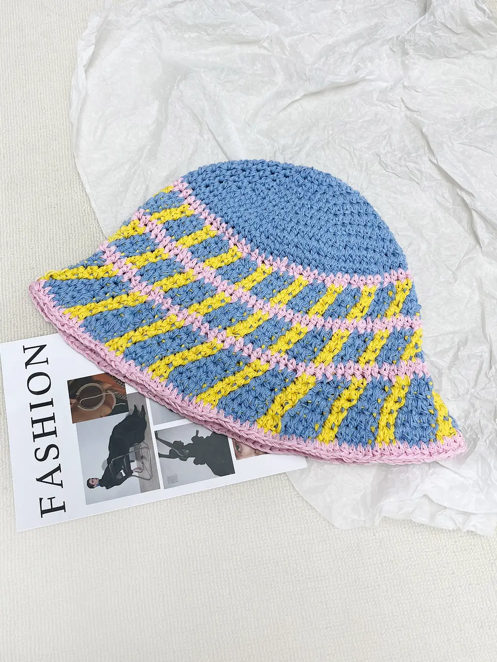 Handmade Wool Woven Colorful Stripes Bucket Hat - Blue