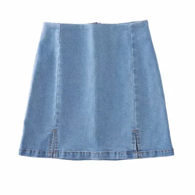 High Waist Stretch Double Slit Denim Hip wrapped Skirt Skirt Light Blue - Shop at LoveMi