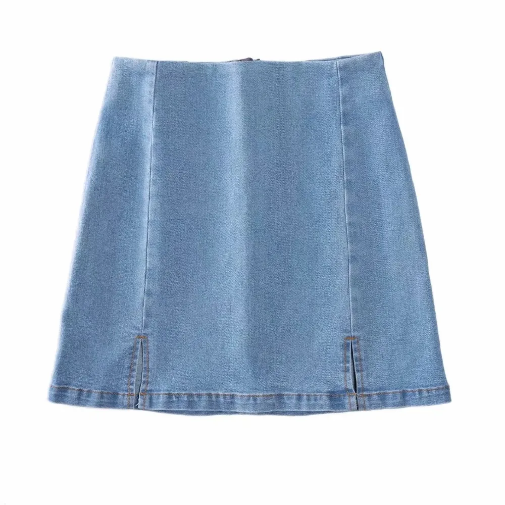 High Waist Stretch Double Slit Denim Hip wrapped Skirt Skirt Light Blue - Shop at LoveMi