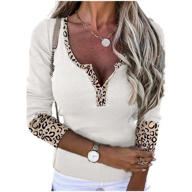 Leopard Splicing V neck Buttons Top Sexy Slim Fit T shirt White - Shop at LoveMi