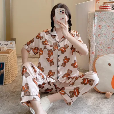 Summer Casual Short Sleeve Comfortable Lapel Ice Silk Home Wear Women 14 Style L - Shop at LoveMi