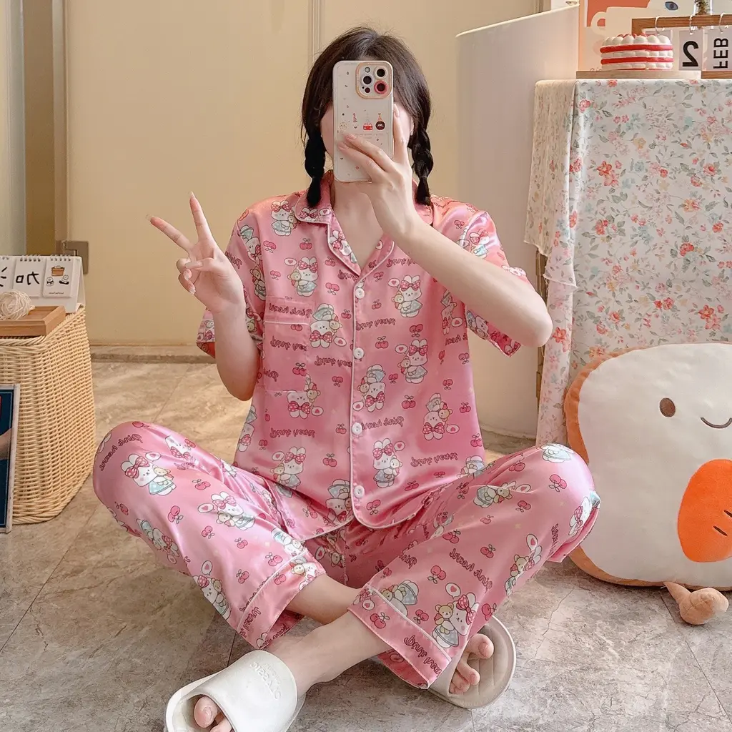 Summer Casual Short Sleeve Comfortable Lapel Ice Silk Home Wear Women - 3 Style