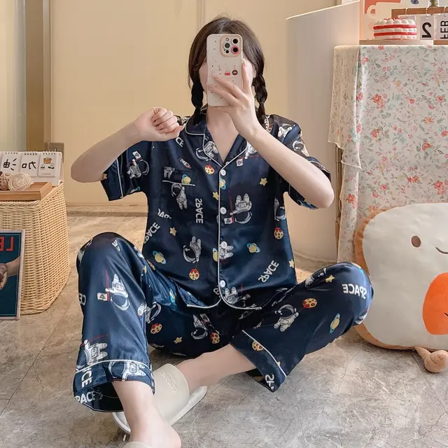 Summer Casual Short Sleeve Comfortable Lapel Ice Silk Home Wear Women 6 Style - Shop at LoveMi