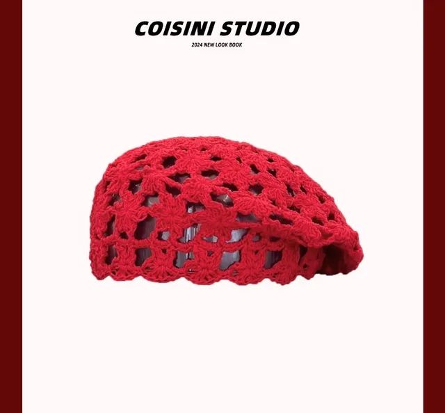 Fashion Hand woven Tassel Red Crochet Ethnic Style Ear Protection Strap Pullover Hat Hollow Knitted Beret - Shop at LoveMi
