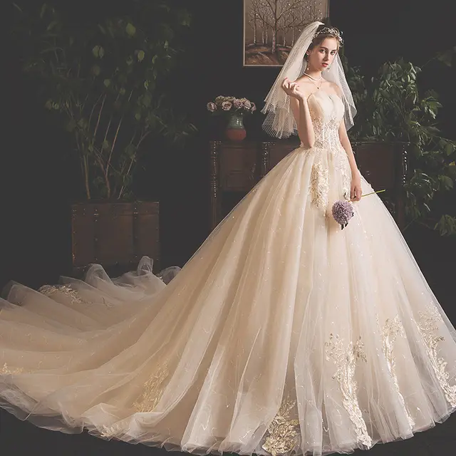 Bride Summer Tube Top Mori Style Trailing Skirt Light Champagne Tail Style - Shop at LoveMi