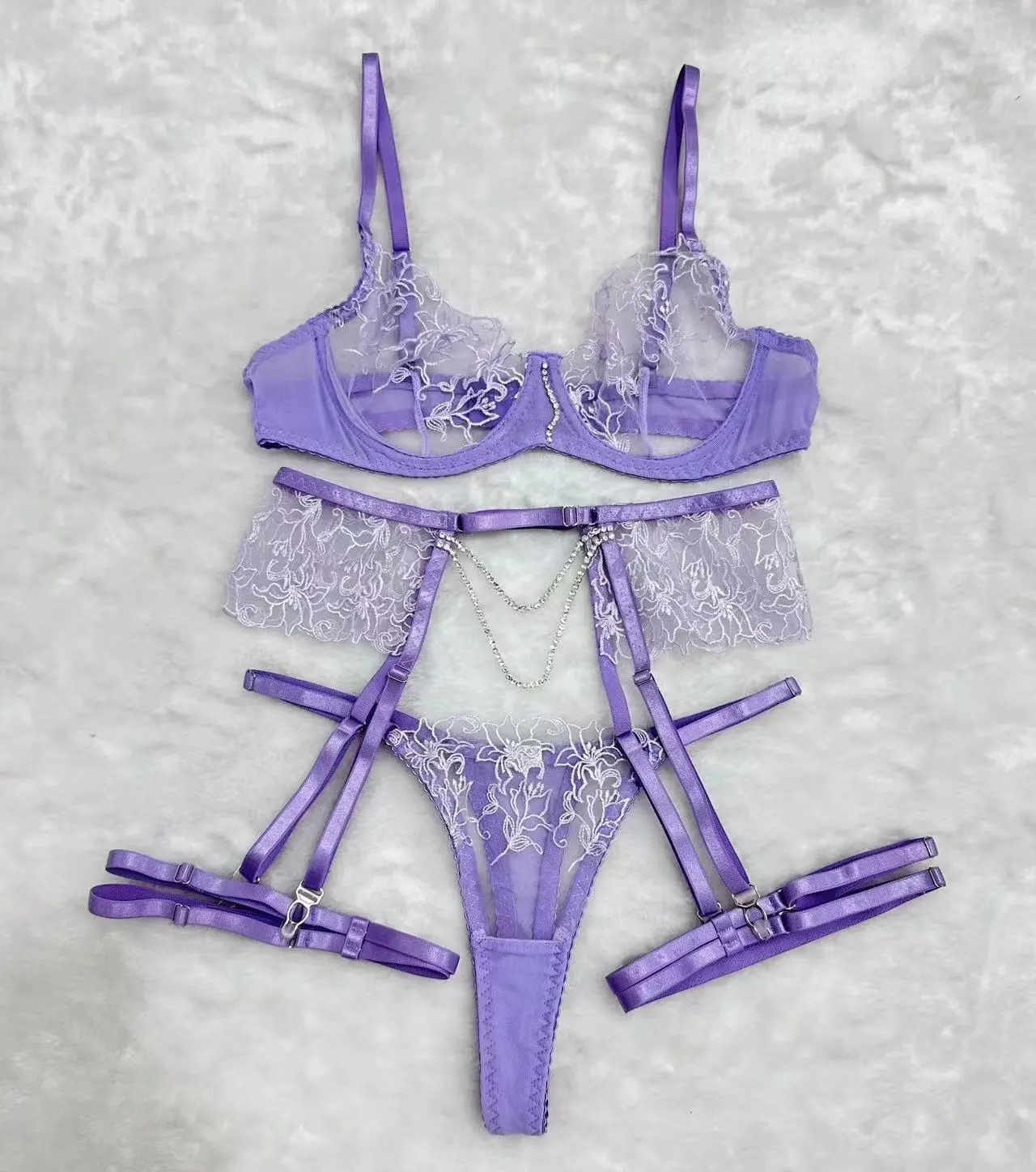 Chain Flower Embroidered Underwear Bra Set Female - Purple