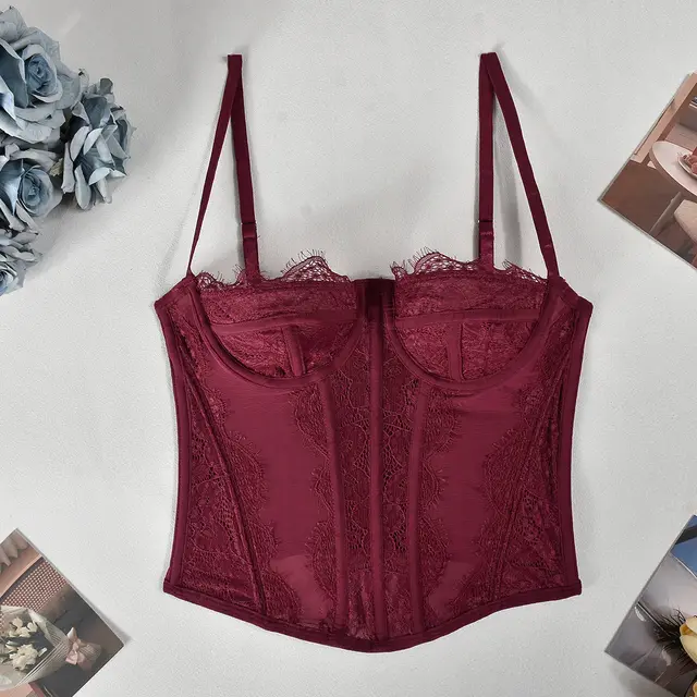 Lace Plastic Bones Body Shaping Tube Top Hollow Backless Camisole Wine Red - Shop at LoveMi