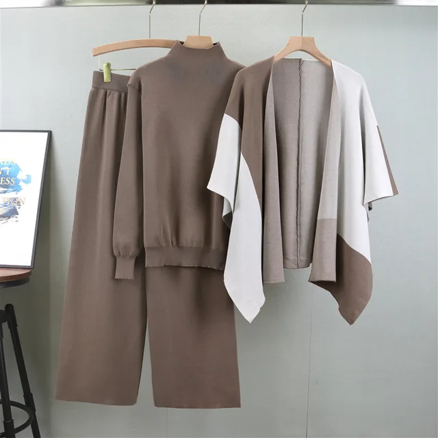 Autumn New European And American Fashionable Knitted Color Matching Shawl Wide Leg Pants Three piece Set For Women Camel - Shop at LoveMi
