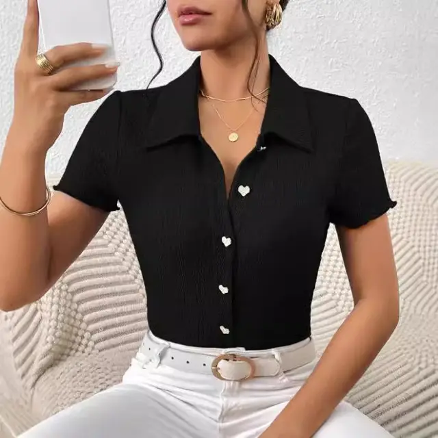 Solid Color Simple Slim Polo Shirt Short Sleeve Black - Shop at LoveMi
