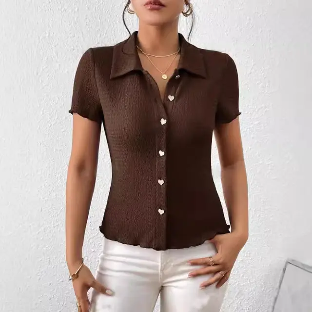 Solid Color Simple Slim Polo Shirt Short Sleeve Brown - Shop at LoveMi