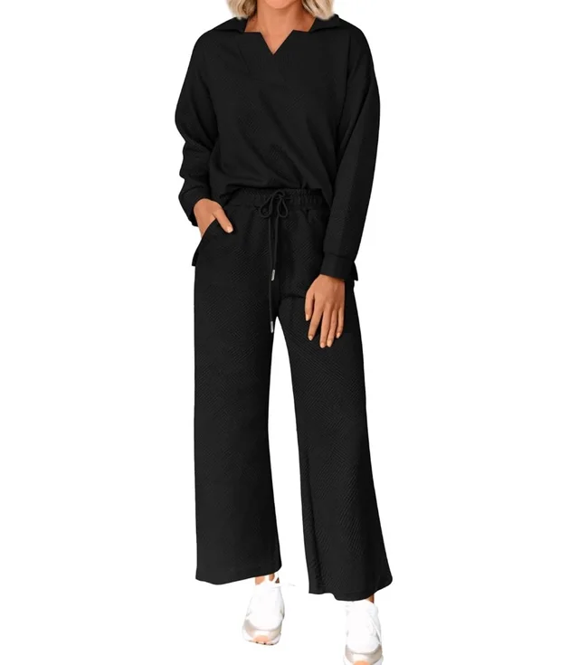 Solid Color Texture Fashion Casual Set Long sleeved Sweater And Trousers Two piece Set Black - Shop at LoveMi