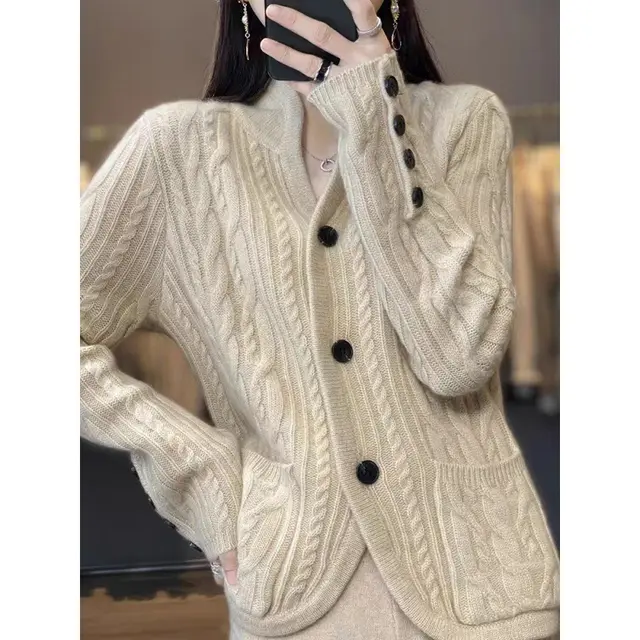Western Style Pocket Knitted Wool Jacket Light Camel - Shop at LoveMi