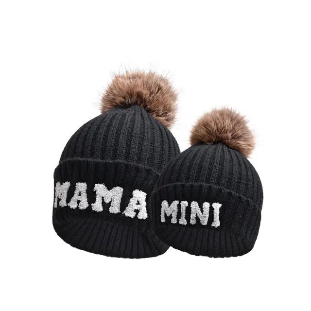 Letter MAMA Woolen Cap Outdoor Fur Ball Warm Hat Black Mama Mini - Shop at LoveMi