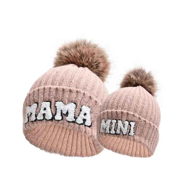 Letter MAMA Woolen Cap Outdoor Fur Ball Warm Hat Leather Pink Mama Mini - Shop at LoveMi