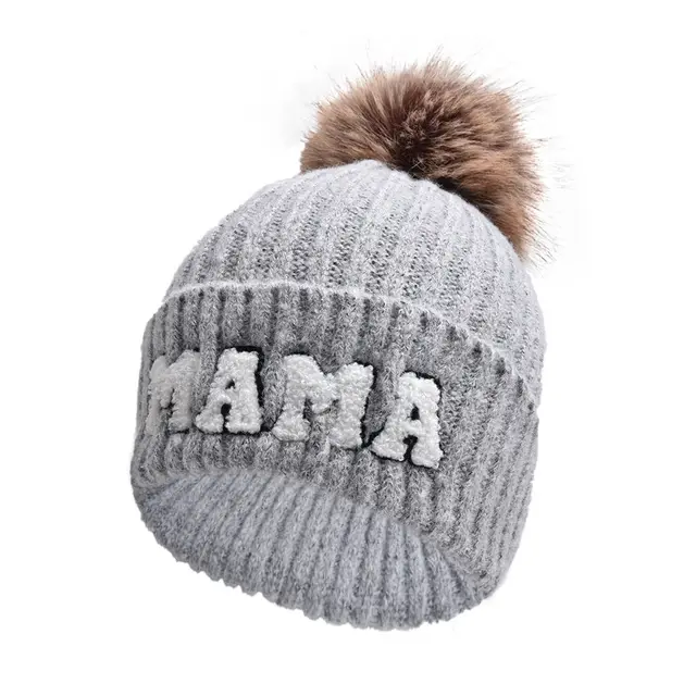 Letter MAMA Woolen Cap Outdoor Fur Ball Warm Hat Light Gray Mama - Shop at LoveMi