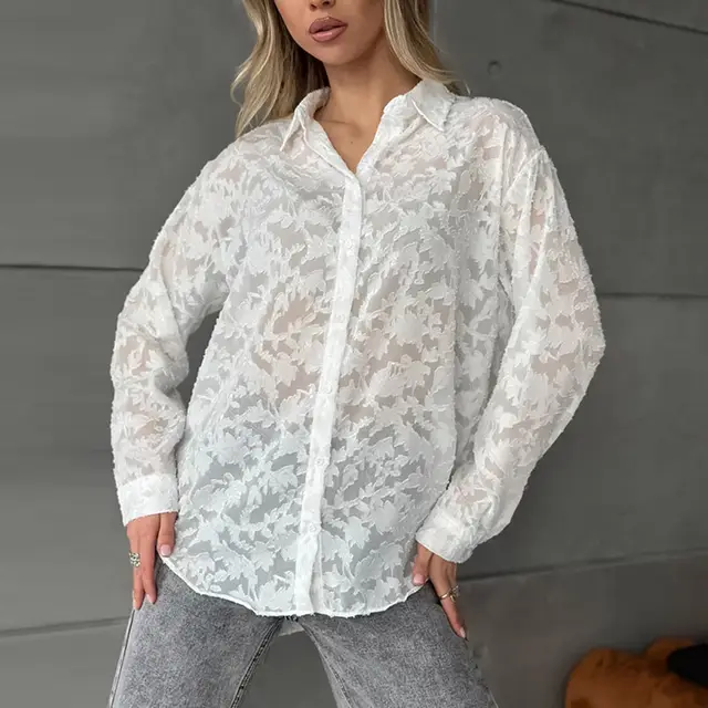 French White Jacquard Loose Temperament Lapel Shirt White - Shop at LoveMi