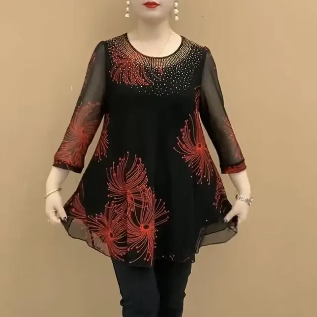 Three quarter Sleeve Mesh T shirt High end Shirt Middle aged Mom Summer Round Neck Half open Collar Hollow Out Red - Shop at LoveMi