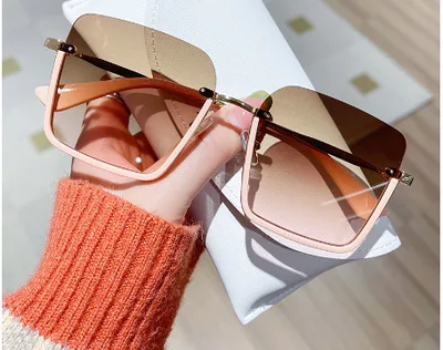 Trendy Square Large Frame Sunglasses With UV Protection Pink Frame Gradient Gray - Shop at LoveMi