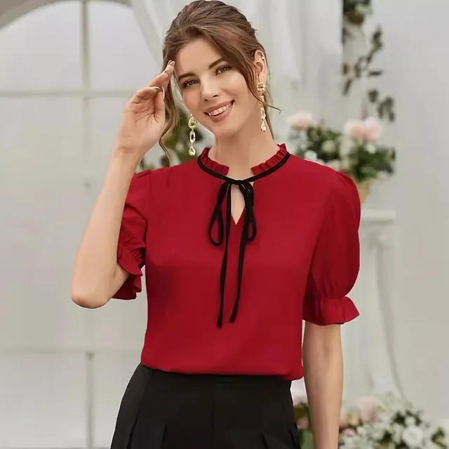 Women's Elegant Tie Long Ruffle Sleeve Shirt Red - Shop at LoveMi