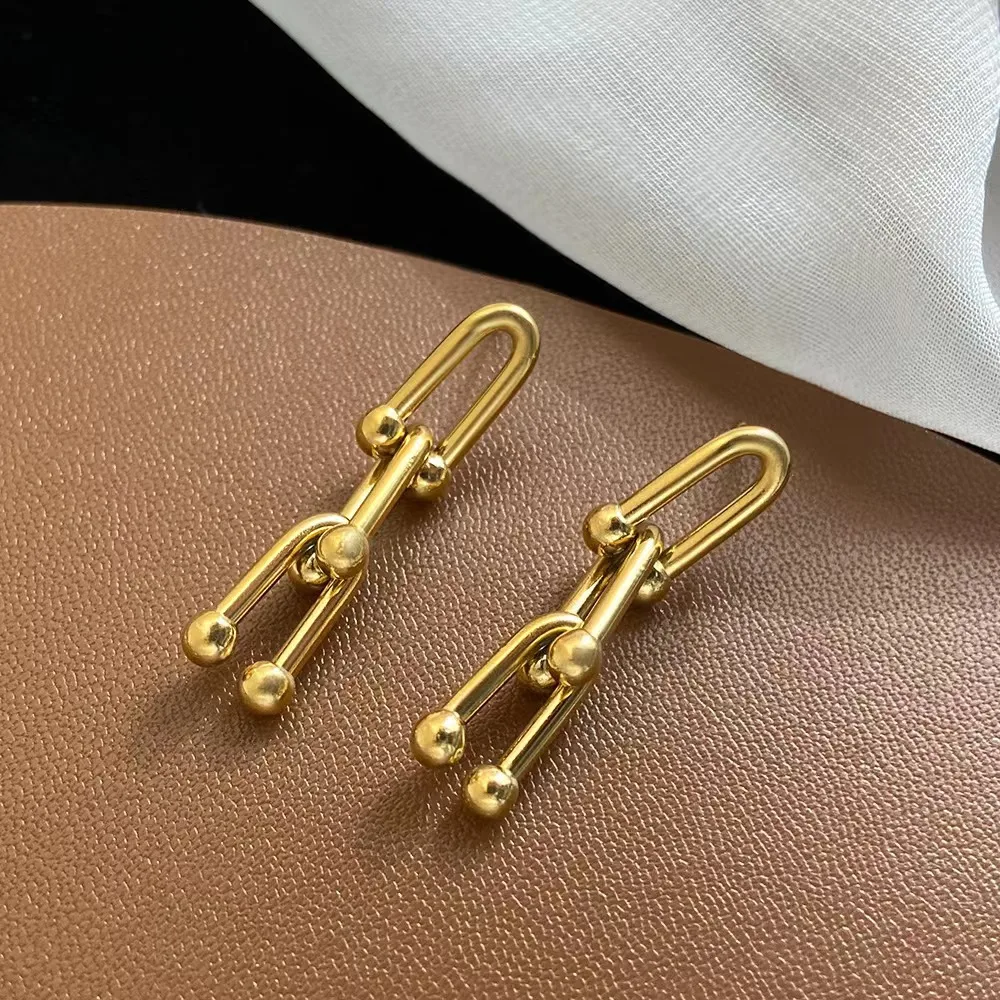 Ornament Hip Hop Trend Design U-shaped Vachette Clasp Necklace Stylish And Unique Bracelet Jewelry Suit - 5585 Stud Earrings Gold - View 1
