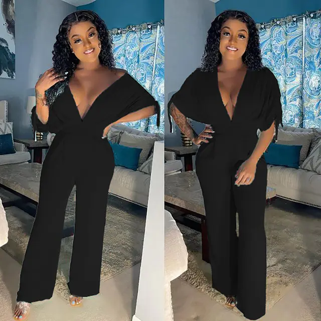 Women's Fashion Solid Color Drawstring Short Sleeve Loose Jumpsuit Black - Shop at LoveMi