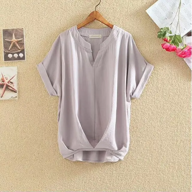 Solid Color And V neck Batwing Sleeve Top Loose Slimming Cotton And Linen Shirt Gray - Shop at LoveMi