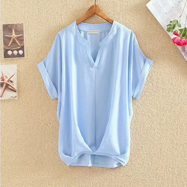 Solid Color And V neck Batwing Sleeve Top Loose Slimming Cotton And Linen Shirt Light Blue - Shop at LoveMi