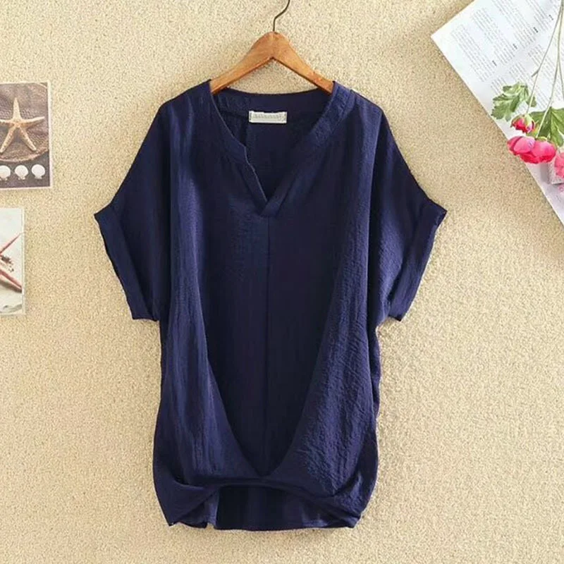 Solid Color And V neck Batwing Sleeve Top Loose Slimming Cotton And Linen Shirt Navy - Shop at LoveMi