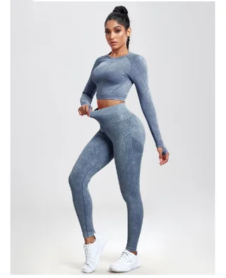 Quick-drying Seamless Washing Yoga Exercise Long Sleeve Trousers Suit - Denim Blue