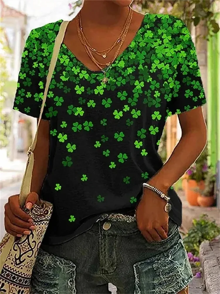 Women's Geometric Pattern Printed Short sleeved V neck Casual T shirt Syct01 L - Shop at LoveMi