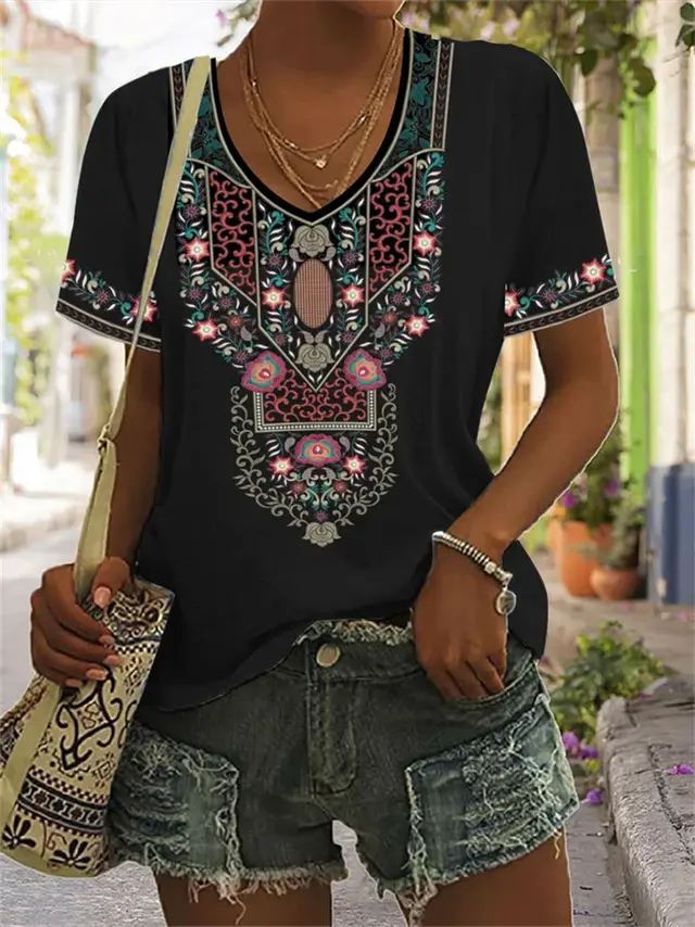 Women's Geometric Pattern Printed Short sleeved V neck Casual T shirt Syct02 - Shop at LoveMi