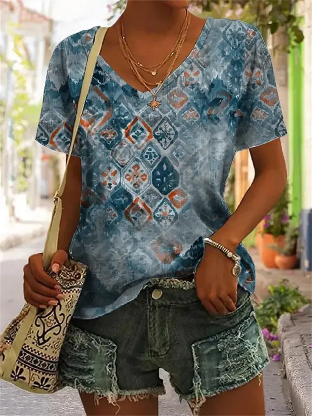Women's Geometric Pattern Printed Short sleeved V neck Casual T shirt Syct04 - Shop at LoveMi
