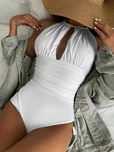 Fashion Solid Color One piece Swimsuit For Women White - Shop at LoveMi