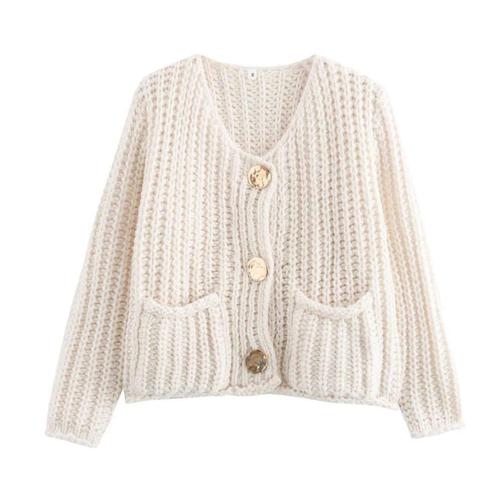 European And American Solid Color Single-breasted Double Pocket Short Thick Sweater Coat Top - Milky White - View 1
