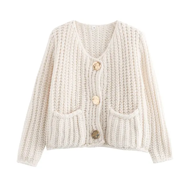 European And American Solid Color Single breasted Double Pocket Short Thick Sweater Coat Top Milky White - Shop at LoveMi