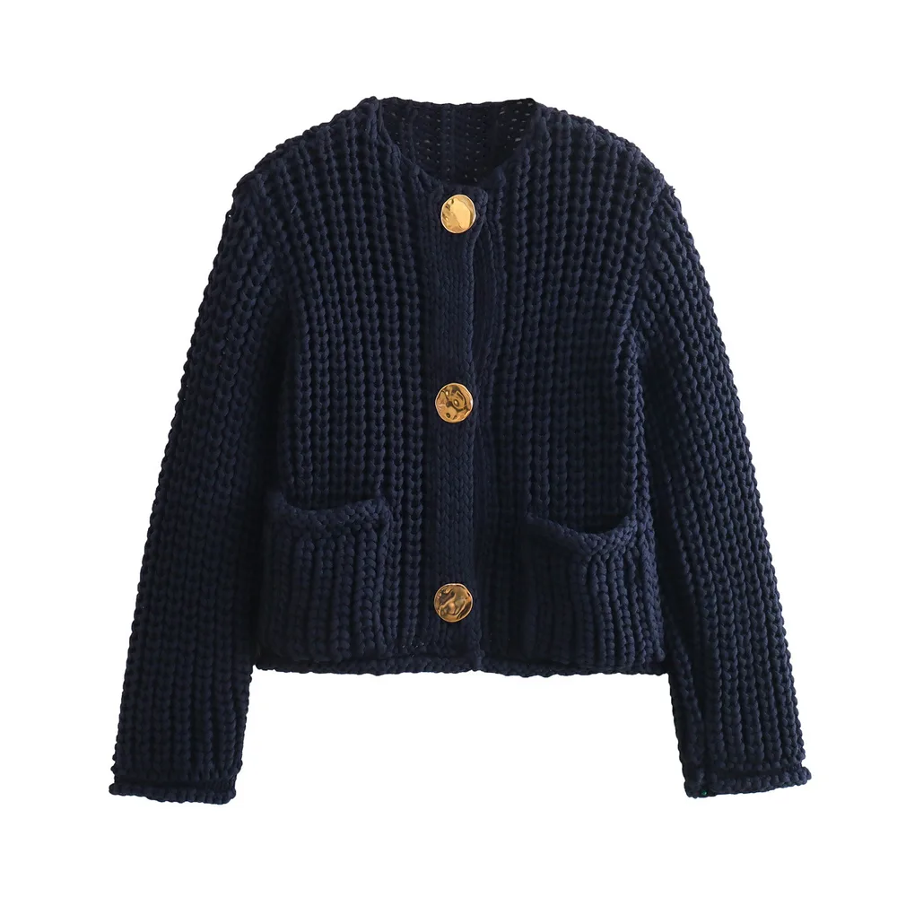 European And American Solid Color Single breasted Double Pocket Short Thick Sweater Coat Top Navy - Shop at LoveMi