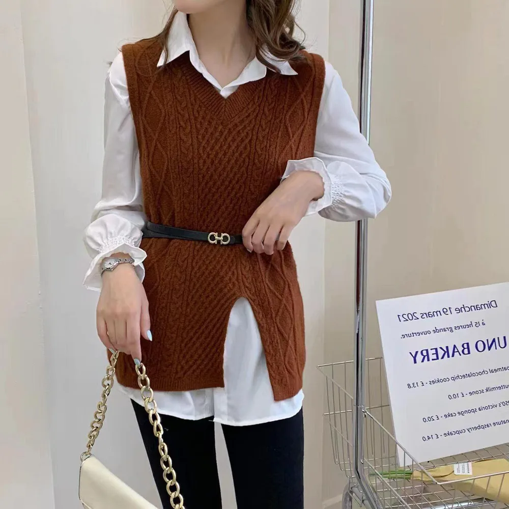 Wool Vest Knitted Vest Sweater Two-piece Set - Brown