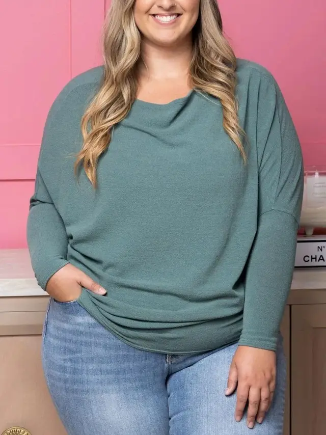 Plus Size Casual Solid Color Crew neck Batwing Sleeve High Elastic Sweater Bean Green - Shop at LoveMi