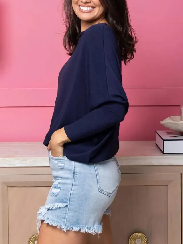 Plus Size Casual Solid Color Crew neck Batwing Sleeve High Elastic Sweater Dark Blue - Shop at LoveMi