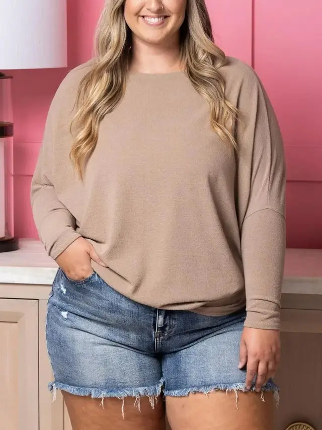 Plus Size Casual Solid Color Crew neck Batwing Sleeve High Elastic Sweater Khaki - Shop at LoveMi