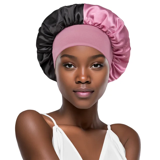 Stretch Pile Dual color Patchwork Hair Care Wash Cap Black Pink - Shop at LoveMi