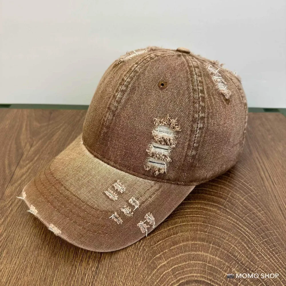 Men's And Women's Same Washed Denim Soft Peaked Cap Distressed - Khaki - View 1
